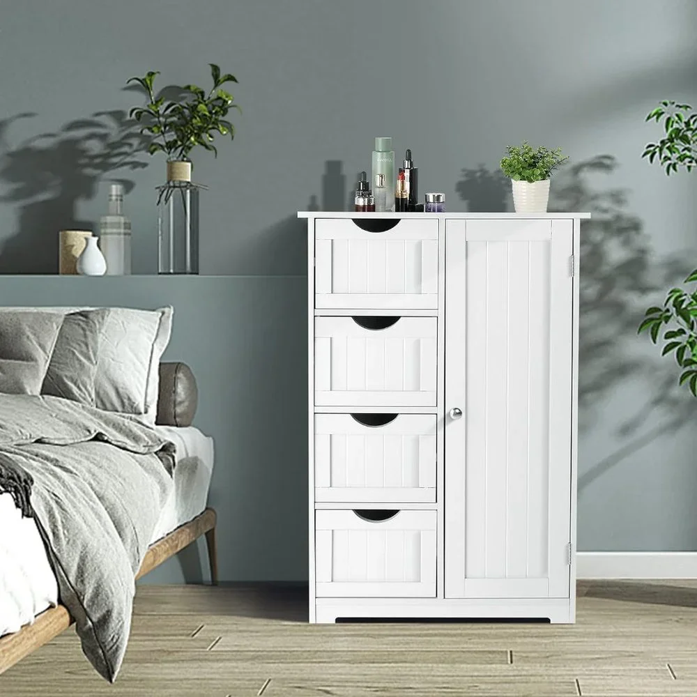 Small Wooden White Storage Cabinet 4 Drawers and 1 Cupboard Adjustable Shelf